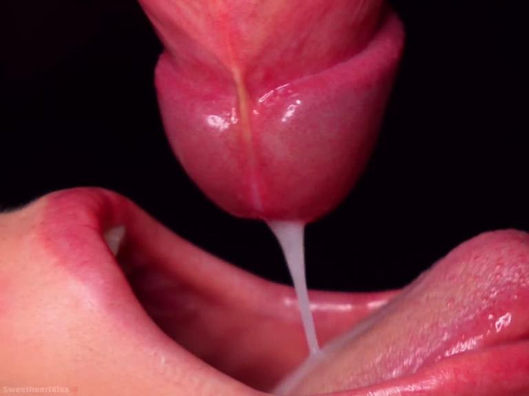 Slow close-up blowjob – she milks cock with her tongue and swallows the jizz