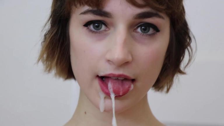 Young brunette gets a mouthful of jizz from hairy, veiny dick